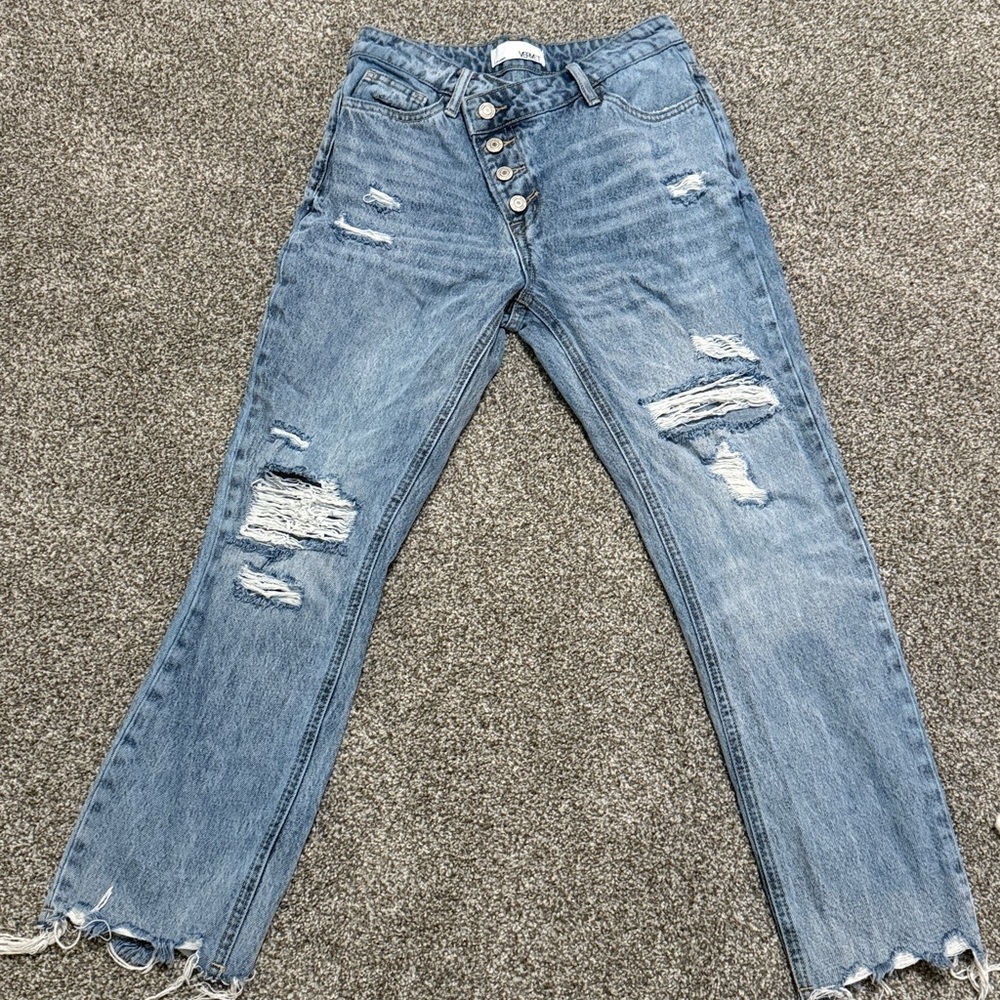 Vervet 24 Distressed Blue Jeans with asymmetrical Button Fly